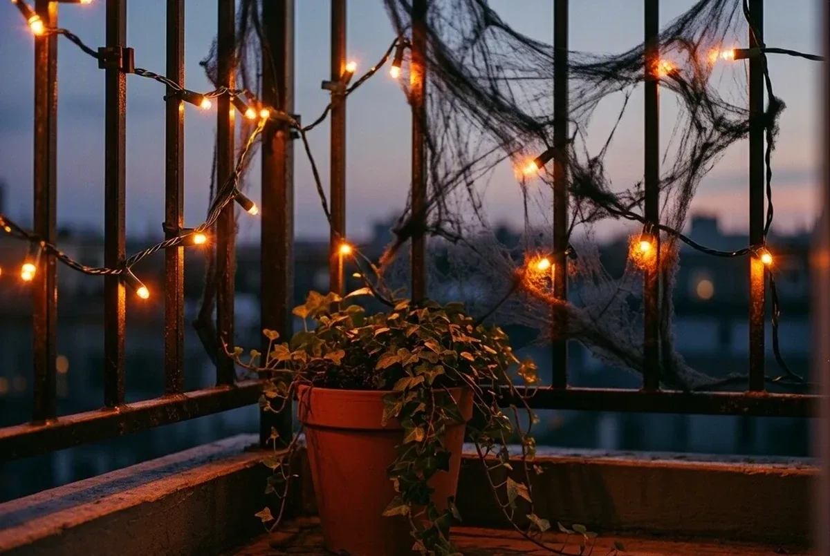 A small apartment balcony railing wrapped in warm orange LED string lights at dusk, close-up detail of the light clips on the metal railing, black faux cobweb draped between two posts
