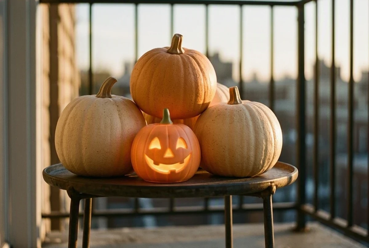 Three weatherproof foam pumpkins clustered on a small round balcony table, warm off-white and orange tones, next to a glowing plastic jack-o'-lantern lantern