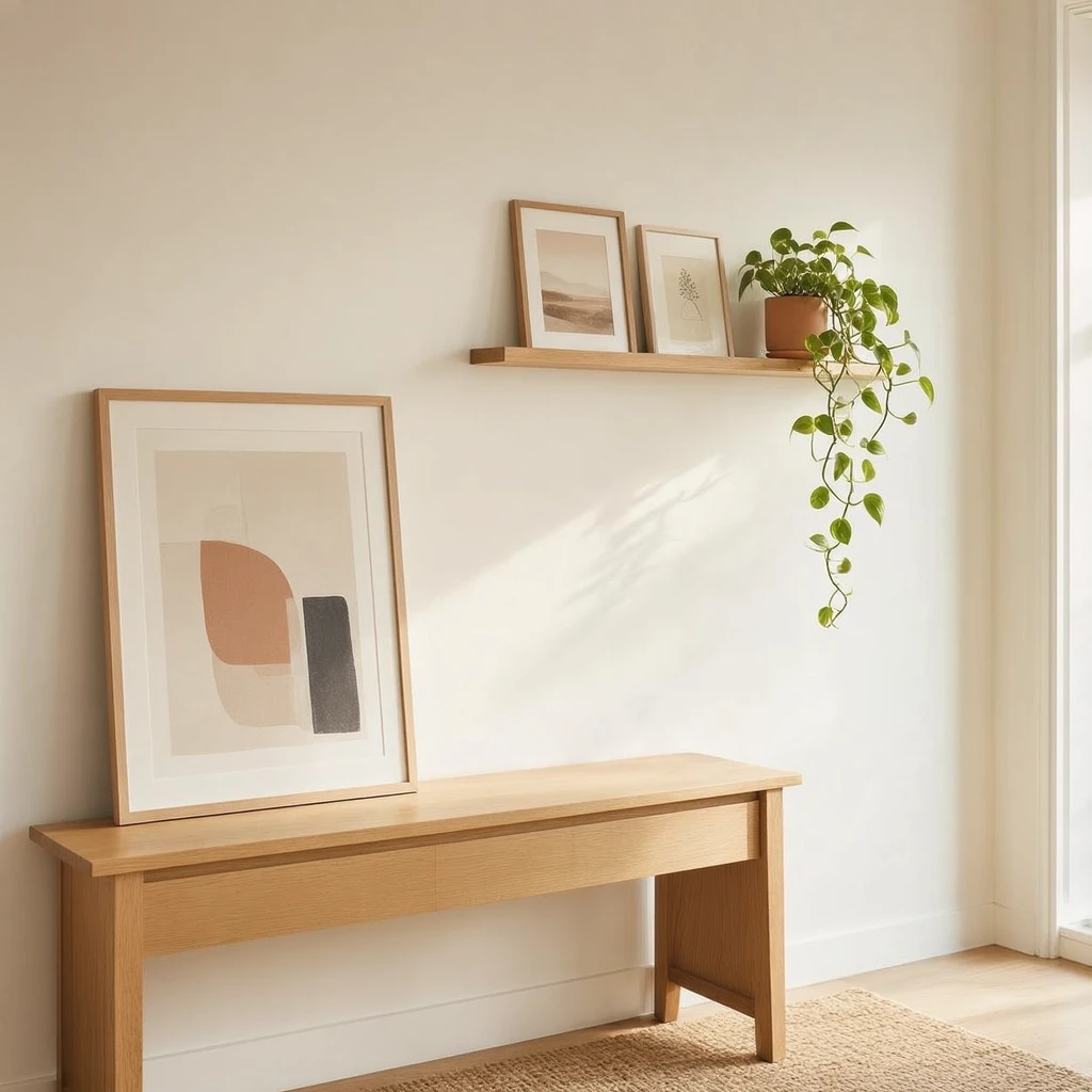 A warm minimalist rental apartment wall with a well-composed arrangement: a large leaning framed print on a light oak dresser, two MOSSLANDA picture ledges above, and a small trailing plant, natural oak and cream tones, soft afternoon window light