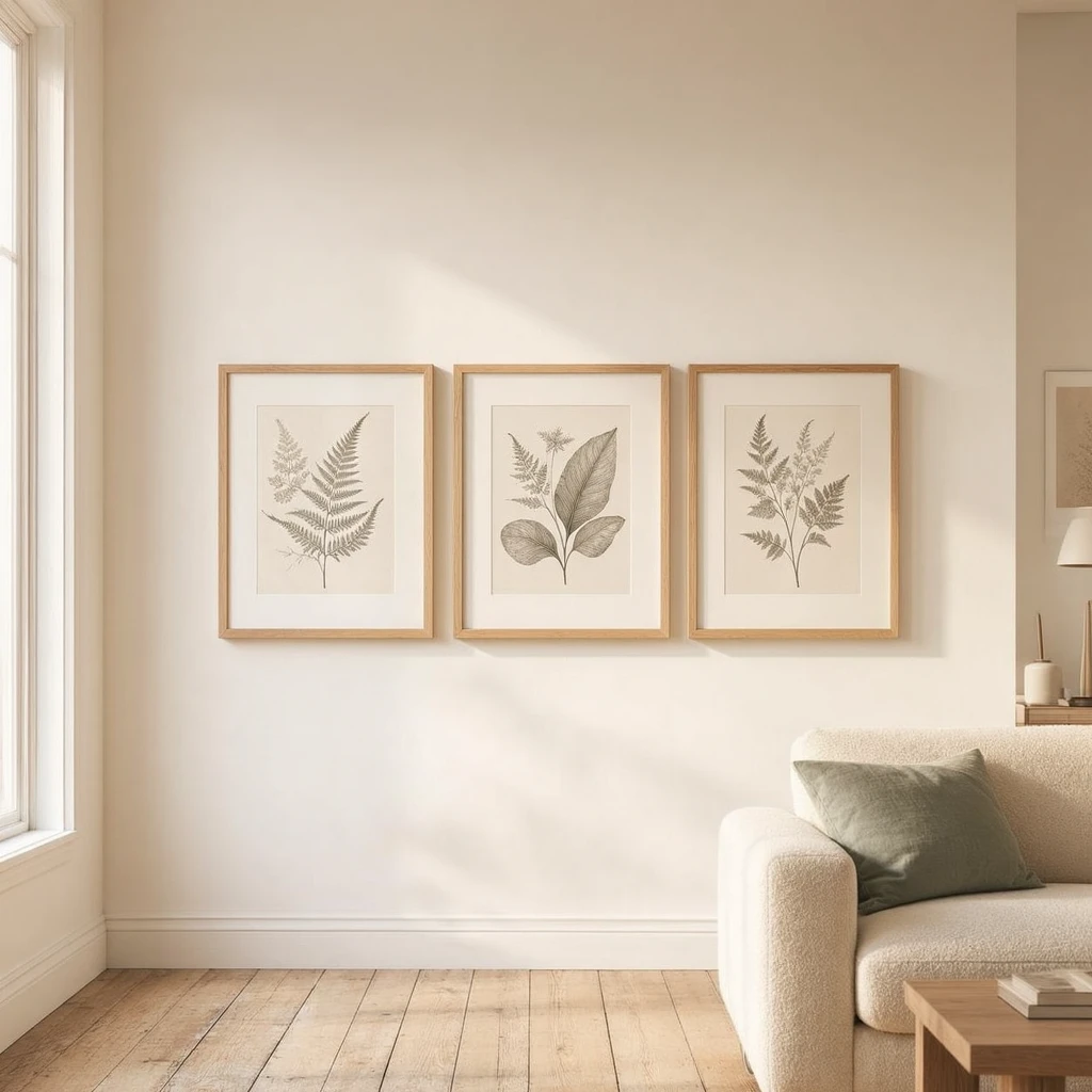 A warm minimalist rental living room wall with three framed prints in a horizontal gallery arrangement using Command strips, light oak frames against matte warm white walls, soft afternoon light from the left window
