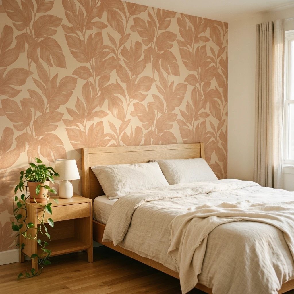 A rental bedroom accent wall covered in warm terracotta botanical peel-and-stick wallpaper behind a linen-covered bed, natural oak nightstand with a small ceramic lamp, soft morning light from a window on the right