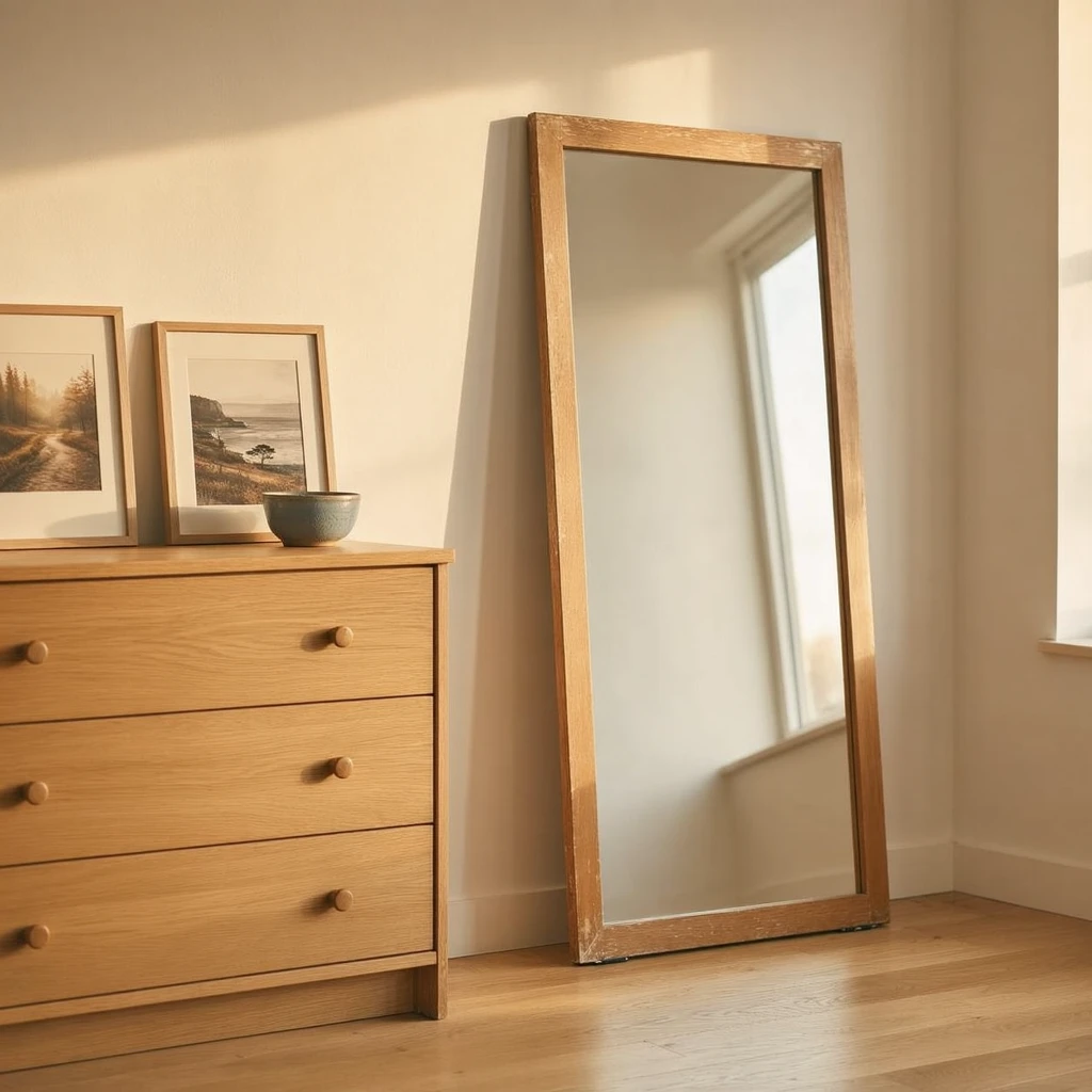 A warm minimalist rental studio apartment corner with a large natural oak-framed floor mirror leaning against a matte white wall, a light oak dresser beside it with two small framed prints leaning on top, late afternoon autumn light