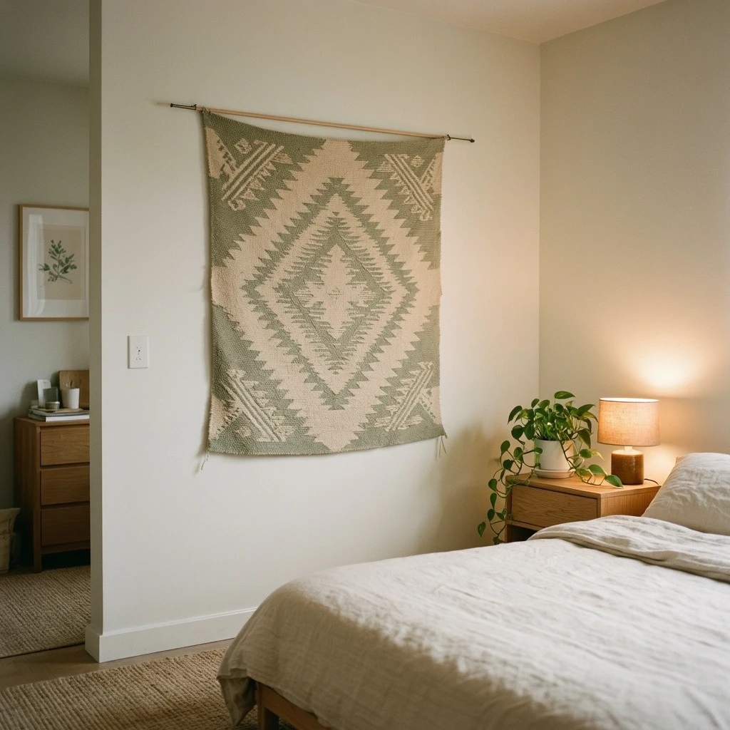 A rental studio apartment with a large woven cream and sage tapestry hung from a tension rod above the bed, linen bedding, a small trailing pothos on the nightstand, warm evening light from a bedside lamp