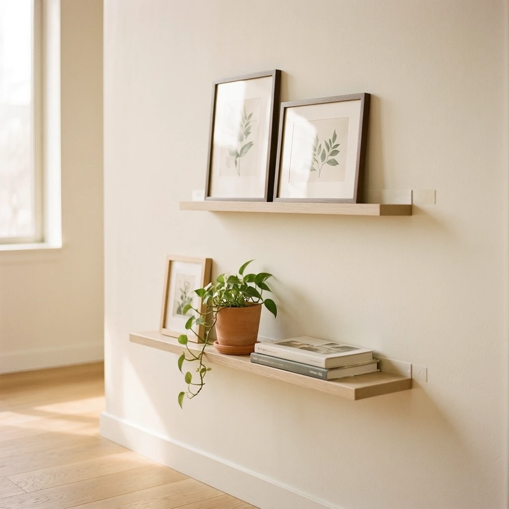 A rental apartment living room wall with two IKEA MOSSLANDA picture ledges mounted at different heights using Command strips, small framed prints and a small ceramic vase on each ledge, soft warm afternoon light
