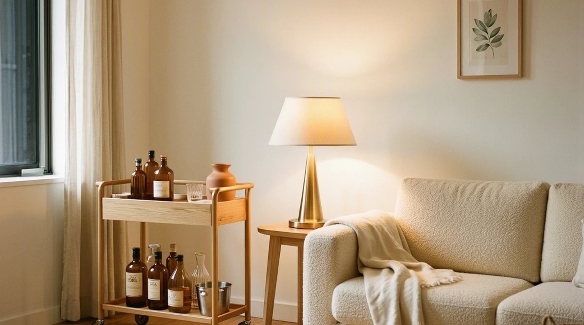 A cozy small living room evening scene with a styled bar cart, lit brass lamp, cream sofa, and warm ambient light, no permanent changes made to the room