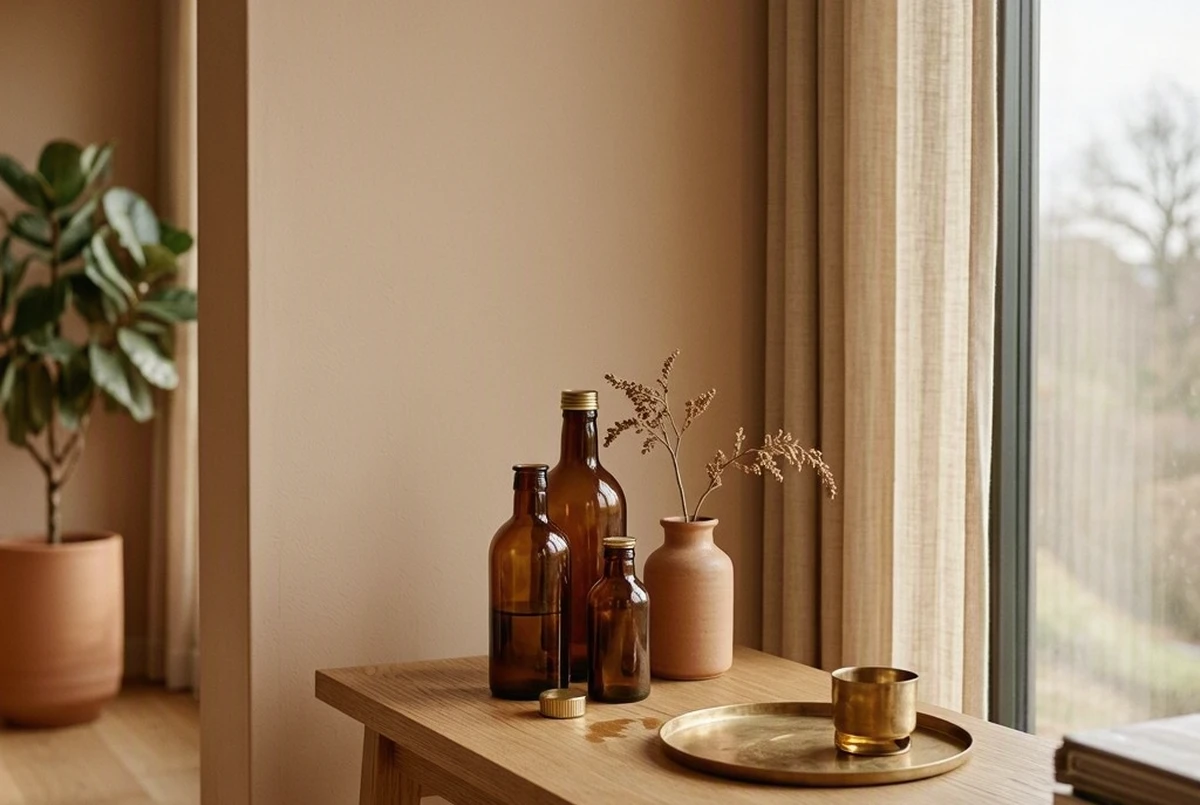 A light oak console beside a window featuring three amber glass bottles of varying height, a terracotta vase with dried branches, and a brass tray with a brass cup, sheer linen curtains and a fiddle-leaf fig in the background
