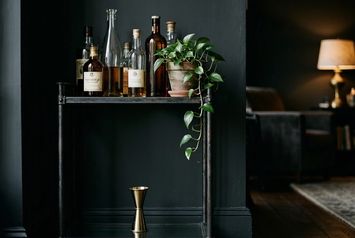 A black metal and glass shelving unit styled as a bar with amber and clear glass bottles, brass jigger, and a small trailing pothos plant, dark moody living room background