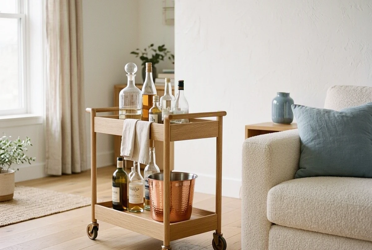 A light oak rolling bar cart with three tiers holding glass bottles and a copper ice bucket, positioned beside a cream sofa with clear walking space around it, natural window light