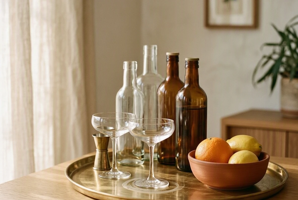 A close-up styled bar tray with four amber and clear glass bottles grouped by height, a brass jigger, two coupe glasses, and a small bowl of citrus, warm natural light