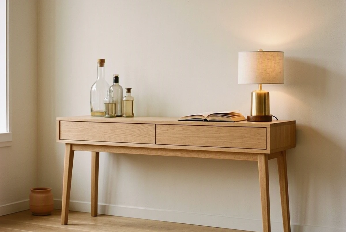 A freestanding light oak bar console with glass bottles and a small brass lamp, positioned against a plain wall with no wall mounting, renter-friendly living room setup