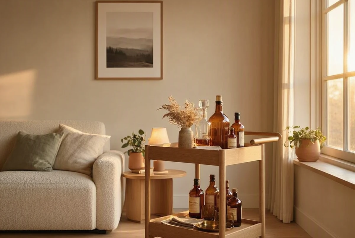 A finished small living room mini bar corner at golden hour featuring a light oak cart with amber bottles, a cream sofa in the background, warm lamp light and long shadows