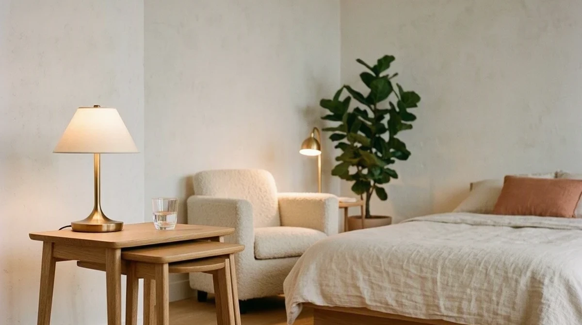 A finished minimalist studio apartment at evening featuring a lit brass lamp on light oak nesting tables, a cream boucle armchair, and a platform bed with a terracotta pillow accent, warm lamp light