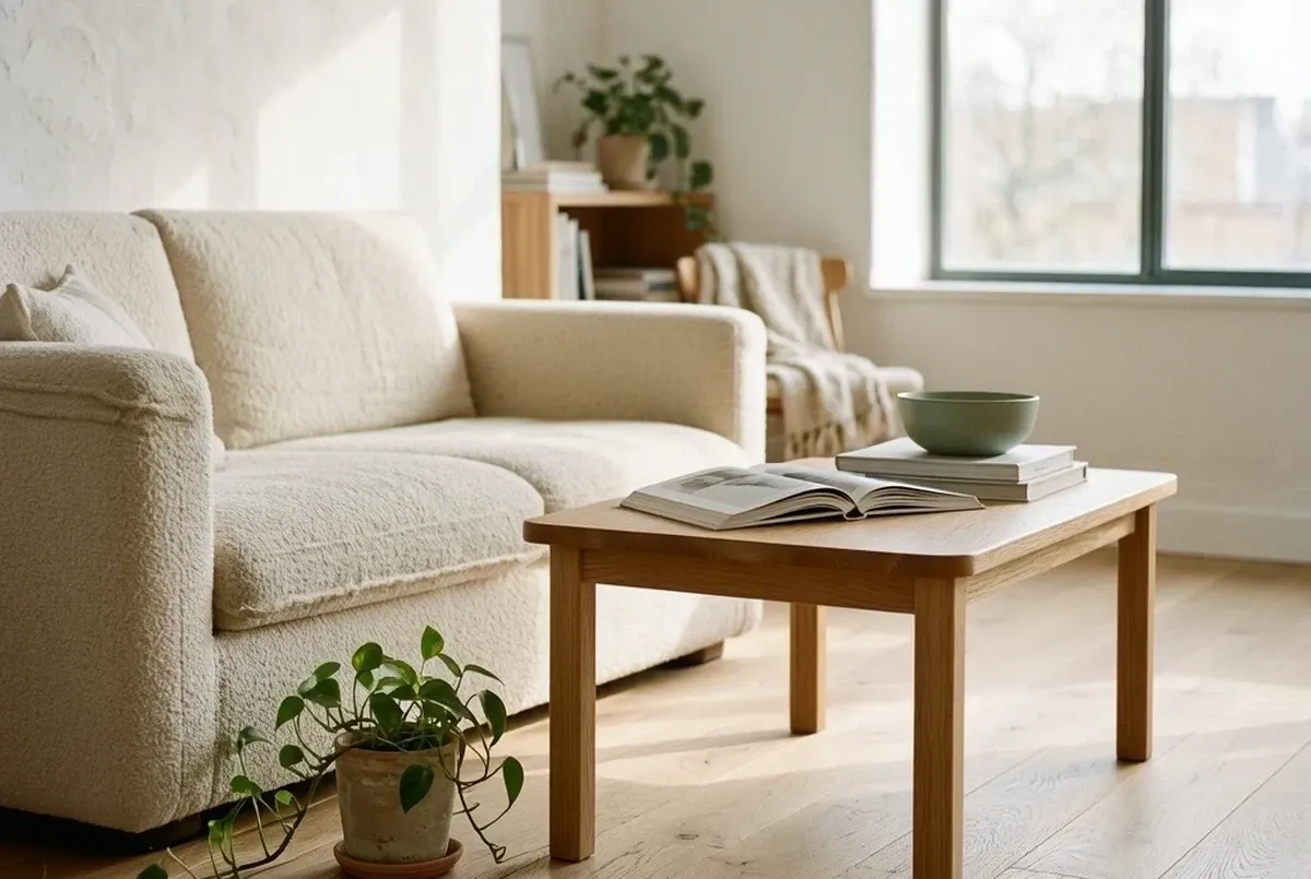 A minimalist studio apartment living corner featuring a cream boucle sofa, a light oak coffee table with a single stack of books, and a trailing pothos plant in a terracotta pot, soft midday light
