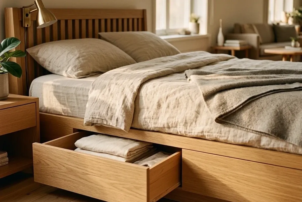 A close-up of a light oak platform storage bed with one drawer open showing folded linen bedding, a brass reading lamp mounted on the headboard, warm afternoon light