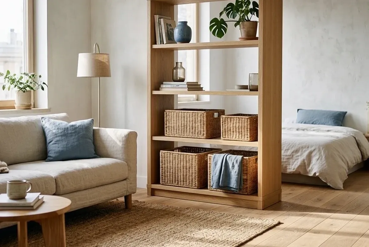 A studio apartment zoned with a light oak open shelving unit holding woven baskets, dividing a cream sofa and jute rug living area from a bed with blue linen pillows, no walls used