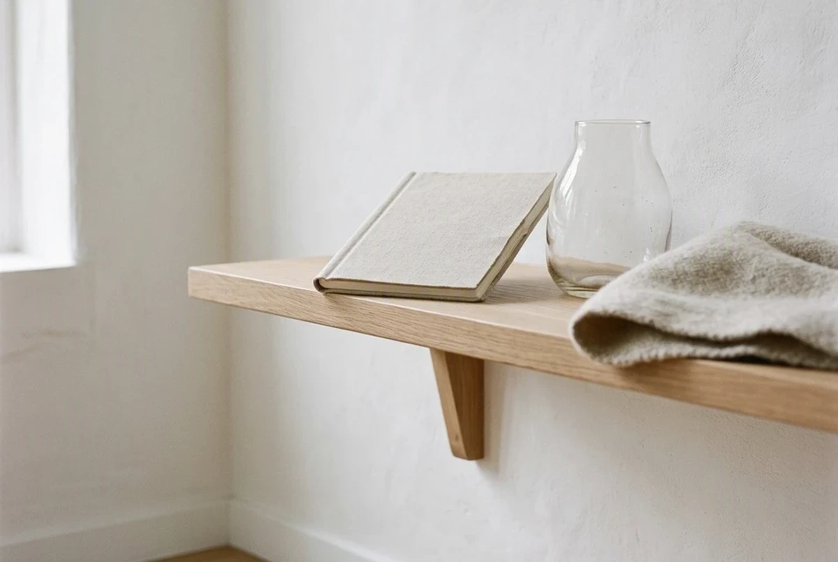 A minimalist floating light oak shelf holding one linen notebook, one glass vessel, and a folded wool textile, soft neutral palette, natural daylight