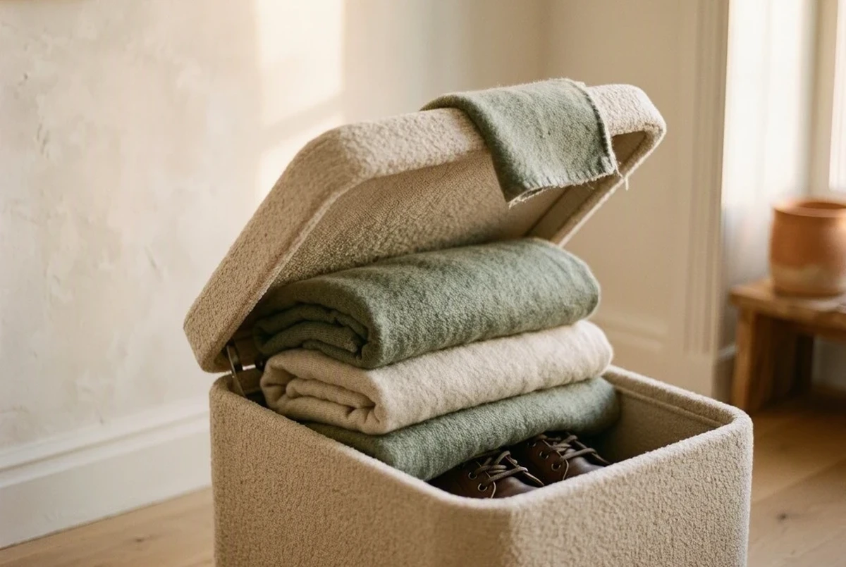 A boucle storage ottoman open showing folded sage green and cream blankets and a pair of shoes stored inside, warm golden hour light