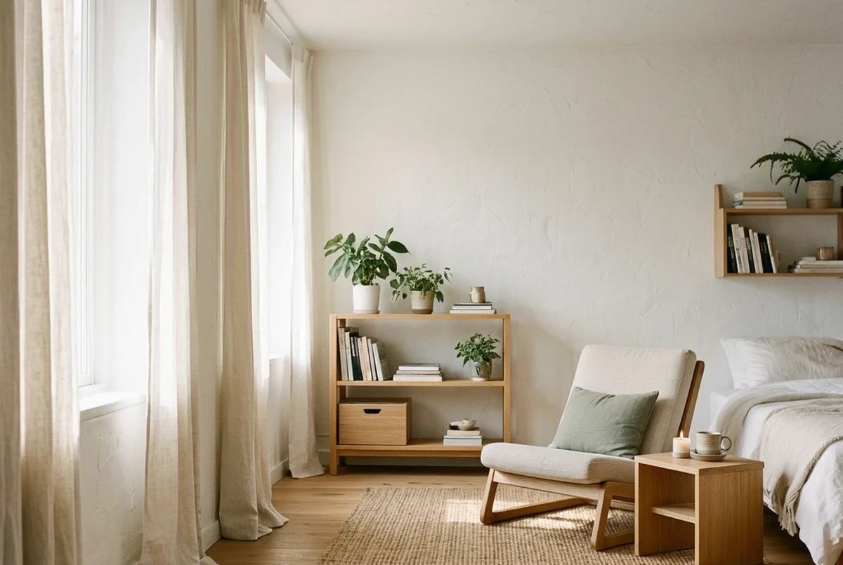 A renter-friendly minimalist studio apartment featuring floor-length ivory linen curtains, a freestanding light oak bookshelf, and a jute rug, no permanent changes, late morning light