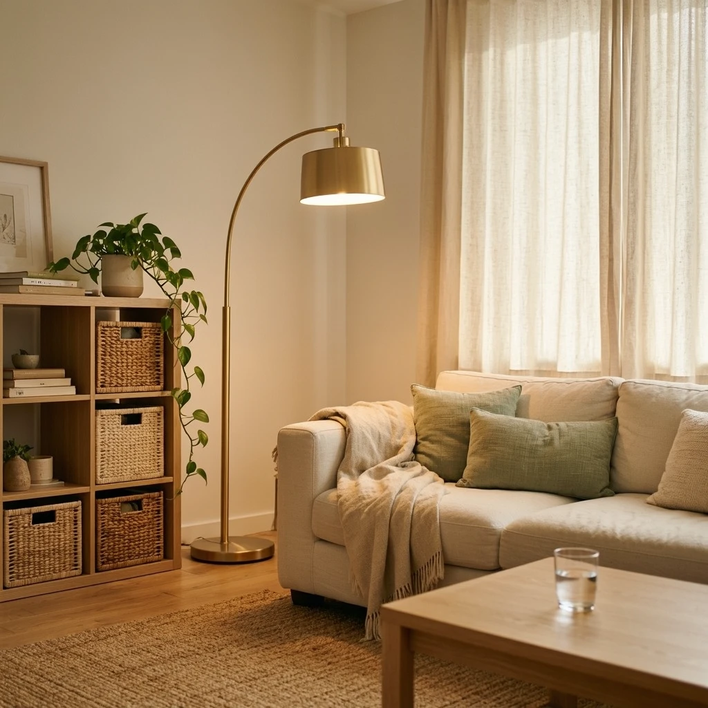 A warm and finished-looking small rental apartment living corner featuring a cream sofa with sage cushions, a large jute rug, floor-length curtains, a KALLAX shelf with woven baskets, a trailing pothos, and a brass arc floor lamp, evening warm light, no overhead lighting in use