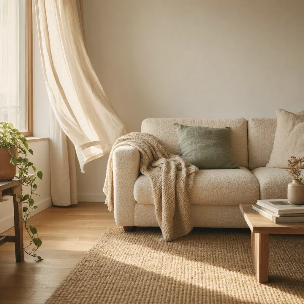 A small studio apartment living area featuring a large jute rug covering most of the floor, a cream boucle sofa with a sage linen cushion, ivory linen curtains at a window, and a chunky oat knit throw draped over the sofa arm, soft afternoon light from the left