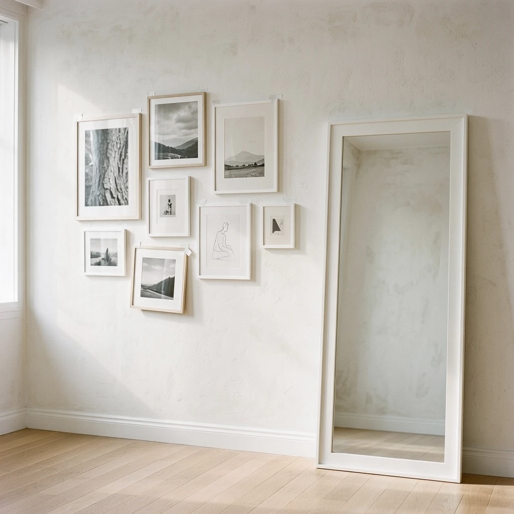 A small apartment living room wall with a carefully arranged gallery wall using seven frames of varying sizes, all hung with adhesive strips, a large leaning floor mirror to the right, matte white limewash plaster walls, soft morning light casting diagonal shadows