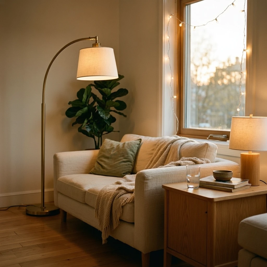 A small apartment corner with a brass arc floor lamp casting warm ambient light, a small oak side table with a linen-shade table lamp, and string lights trailing along a window frame, late afternoon golden light coming through the window