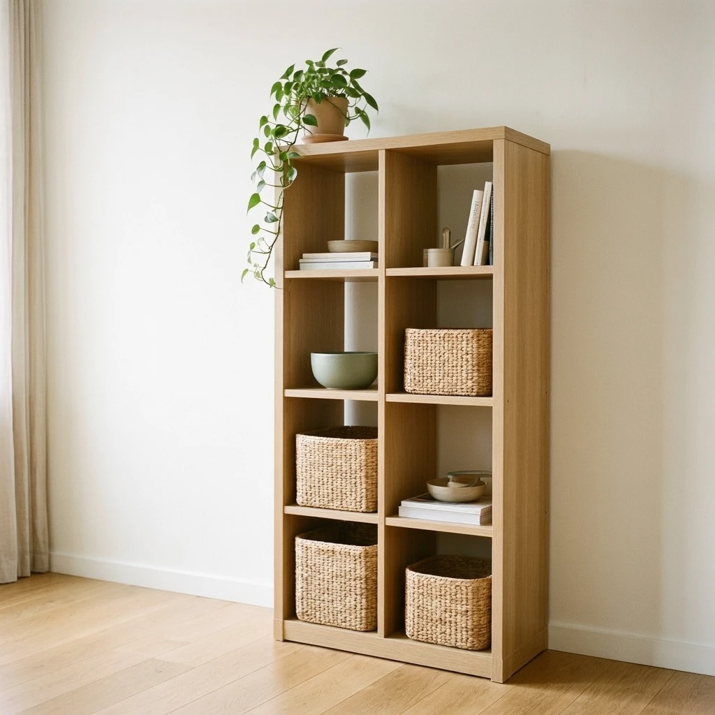 A light oak IKEA KALLAX 2x4 shelf unit against a matte white rental apartment wall, styled with woven baskets in alternating cubes, a few books, a small trailing pothos in a terracotta pot on the top shelf with one vine hanging lower than the others, natural morning light