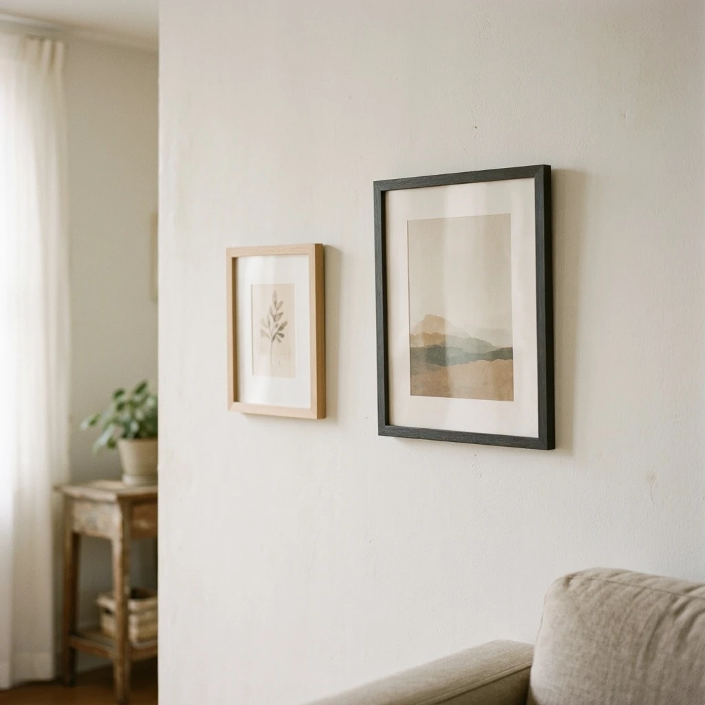 A close-up detail of a rental apartment wall showing two small framed art pieces hung with 3M Command strips, the strips visible at the top corners of the lower frame, matte white wall, side light casting a soft shadow