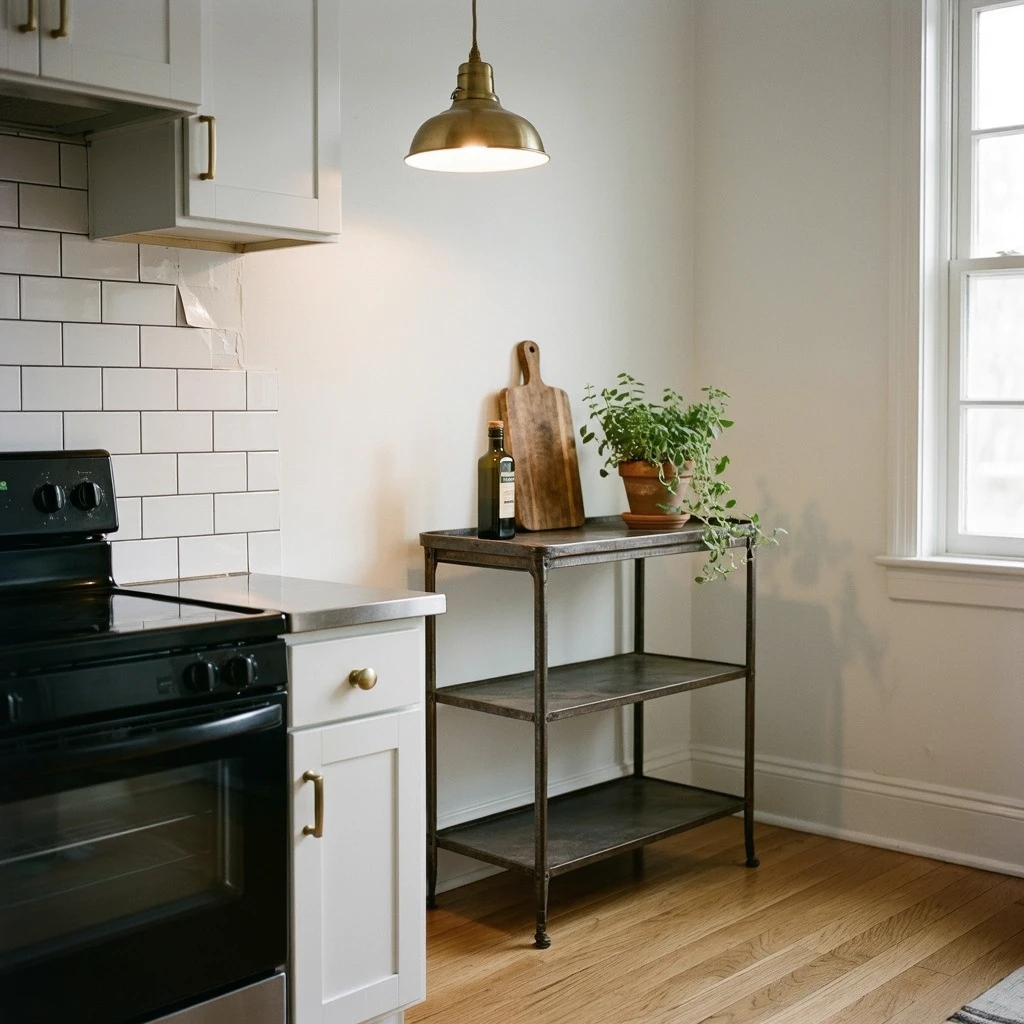 A small rental apartment kitchen backsplash area with peel-and-stick subway tiles applied behind the stove, matte white cabinet doors with new brushed brass hardware, a freestanding narrow cart with open shelves holding cooking oils and a small plant, warm task lighting overhead
