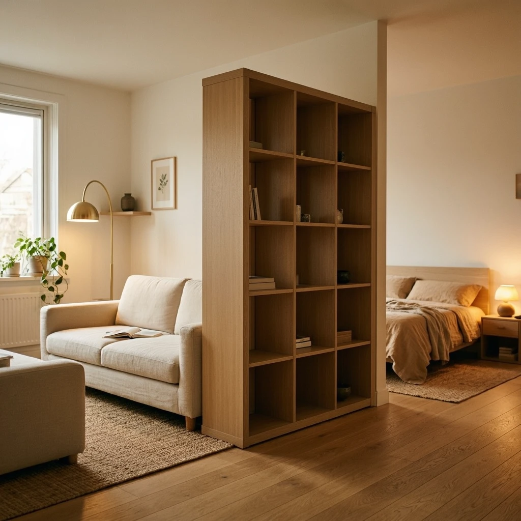 A small studio apartment interior with a tall IKEA KALLAX shelf unit used as a room divider between the sleeping and living zones, a jute rug anchoring the living area with a sofa facing away from the bed, distinct lighting in each zone with a floor lamp over the sofa and a bedside lamp in the sleeping area, afternoon light from a window on the left