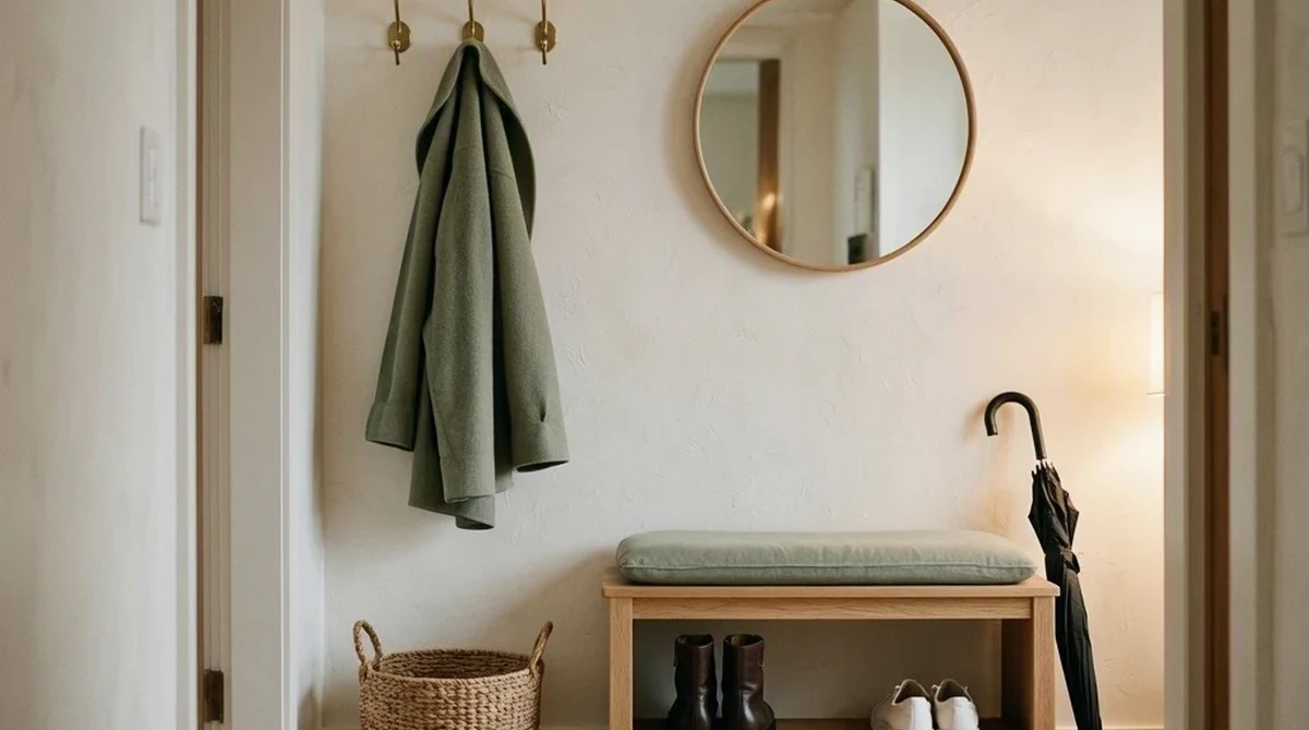 A finished small apartment entryway at evening featuring a light oak storage bench, brass wall hooks with a coat, a round mirror, and a small woven basket, warm lamp light from an adjacent room