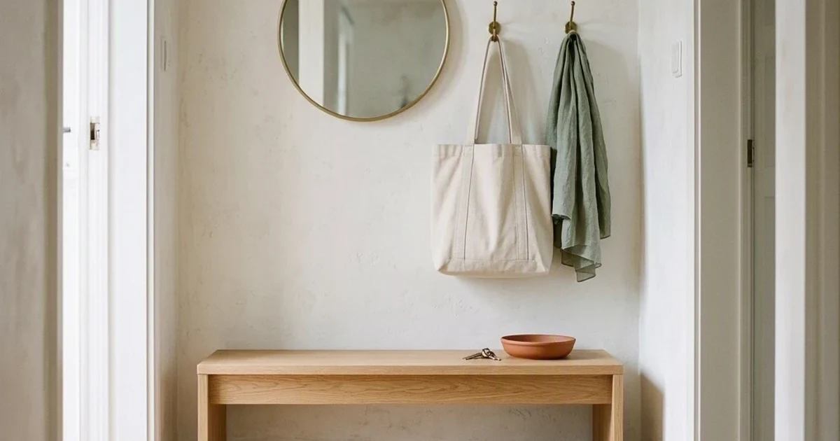 A small apartment entryway featuring a narrow light oak storage bench, brass wall hooks holding a canvas tote and a linen scarf, and a round brass-framed mirror above