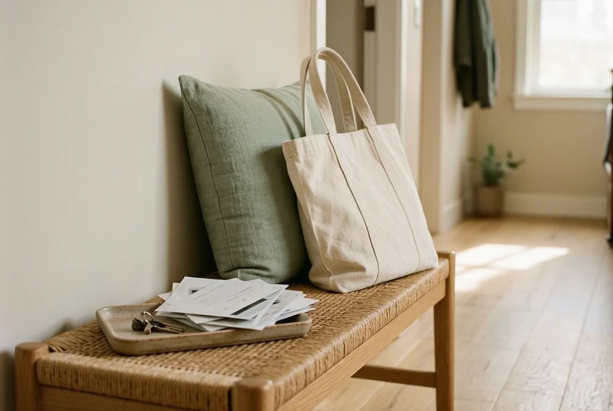 A narrow apartment entryway drop zone with a canvas tote bag on a light oak bench, a small ceramic tray holding keys and mail