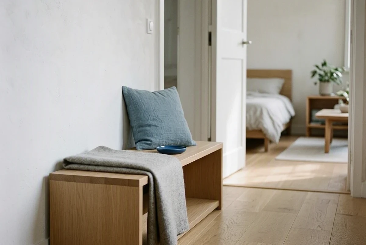 A slim light oak storage bench pushed against a hallway wall, about a foot deep, with a folded wool throw draped over one end, leaving the walking path clear