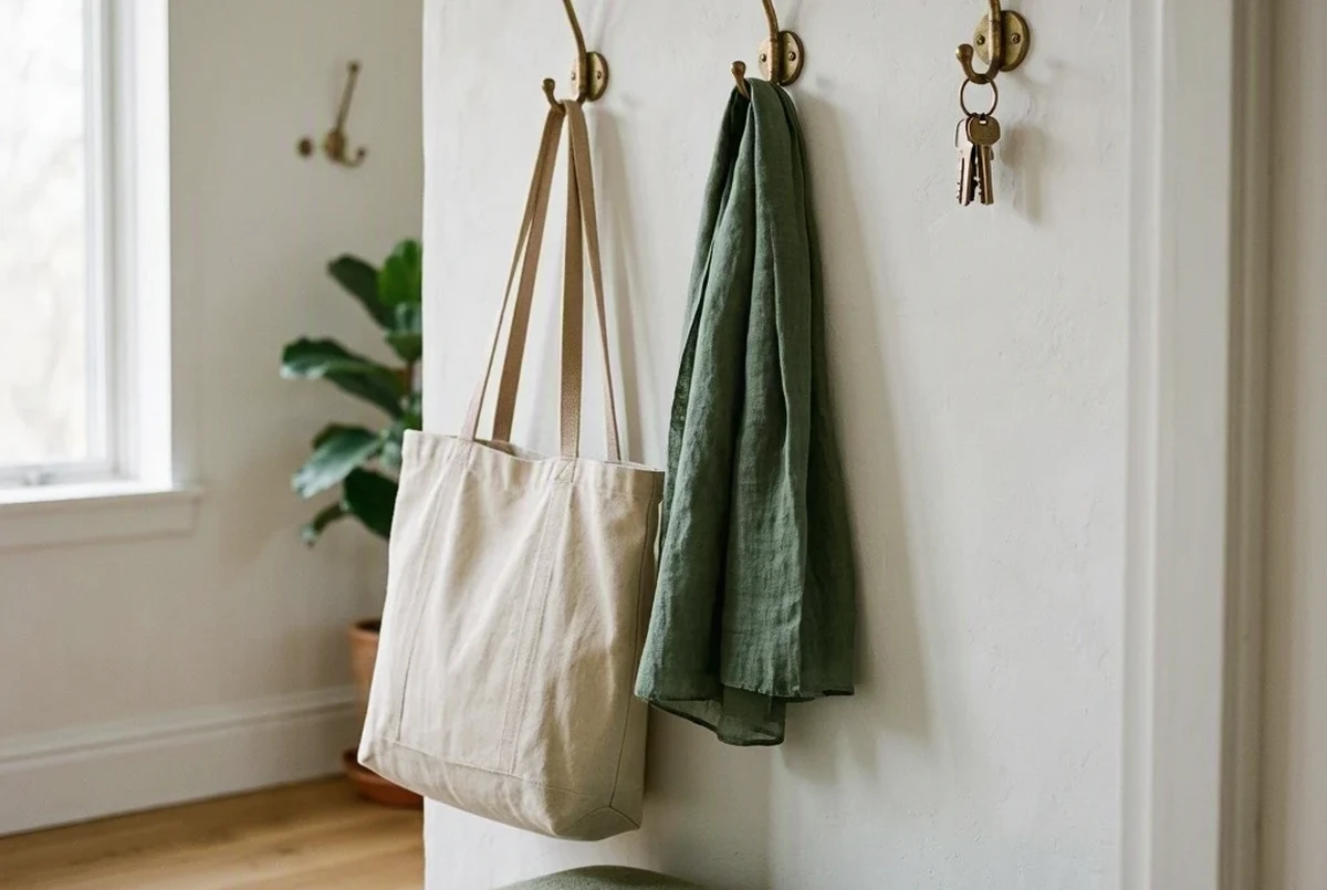 Three brass wall hooks mounted above a bench holding a canvas tote bag, a linen scarf, and a set of keys on a small ring