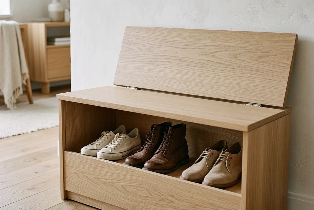 A light oak lift-top storage bench with the lid propped open, showing three pairs of shoes stored neatly inside