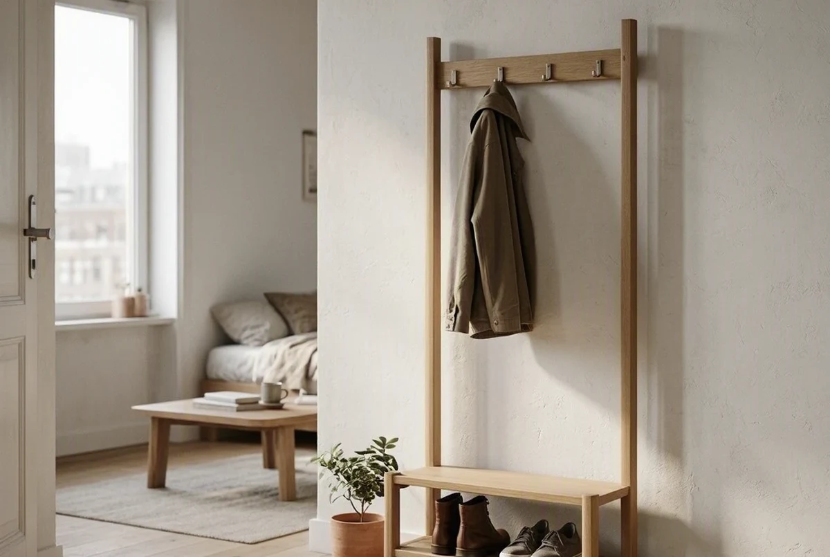 A freestanding light oak coat rack with a lower shoe shelf placed against the nearest clear wall in a studio apartment with no built-in entryway, a jacket hanging above two pairs of shoes