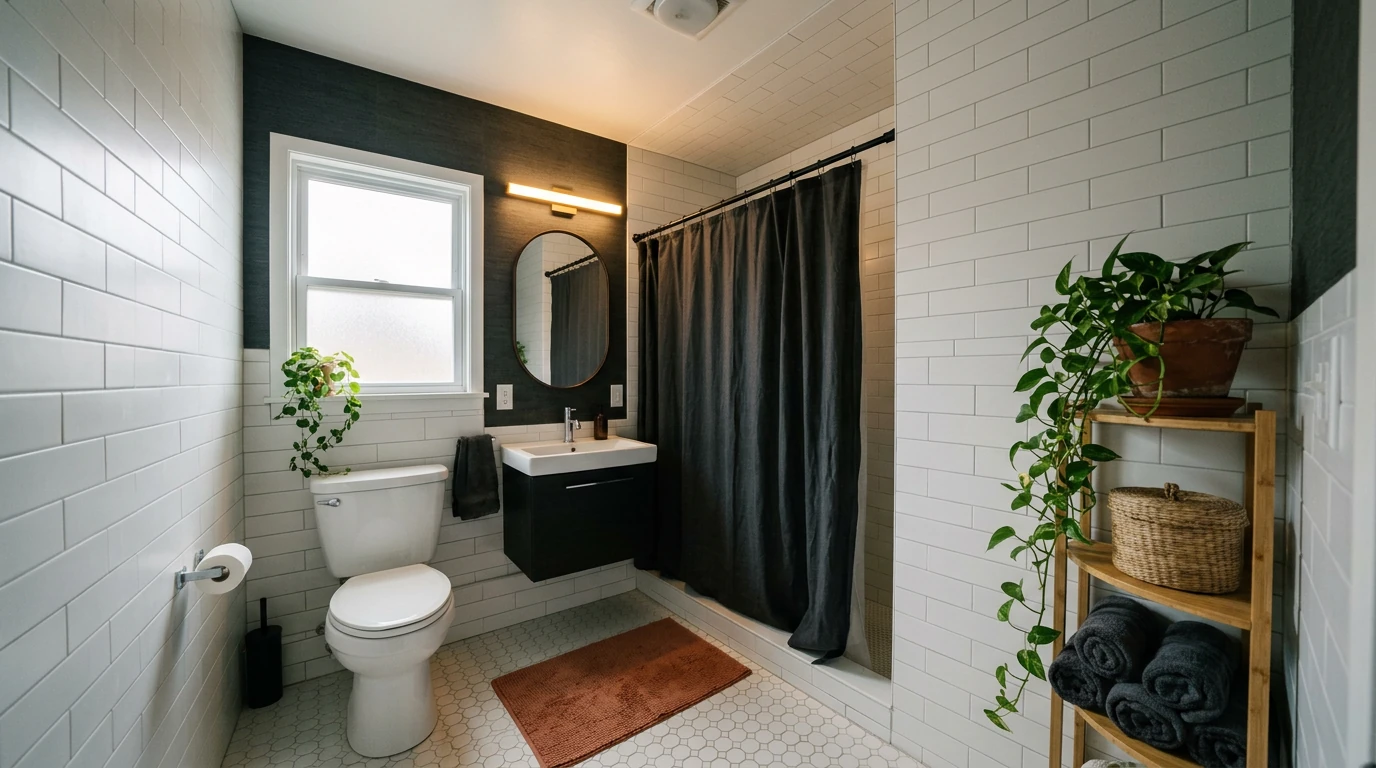 A complete small moody rental bathroom: dark charcoal linen shower curtain hung high, warm amber plug-in vanity light, large oval mirror, bamboo corner shelf with rolled towels and woven basket, one peel-and-stick grasscloth accent wall, trailing pothos on the shelf, minimal white tile showing on ceiling and two walls, no clutter