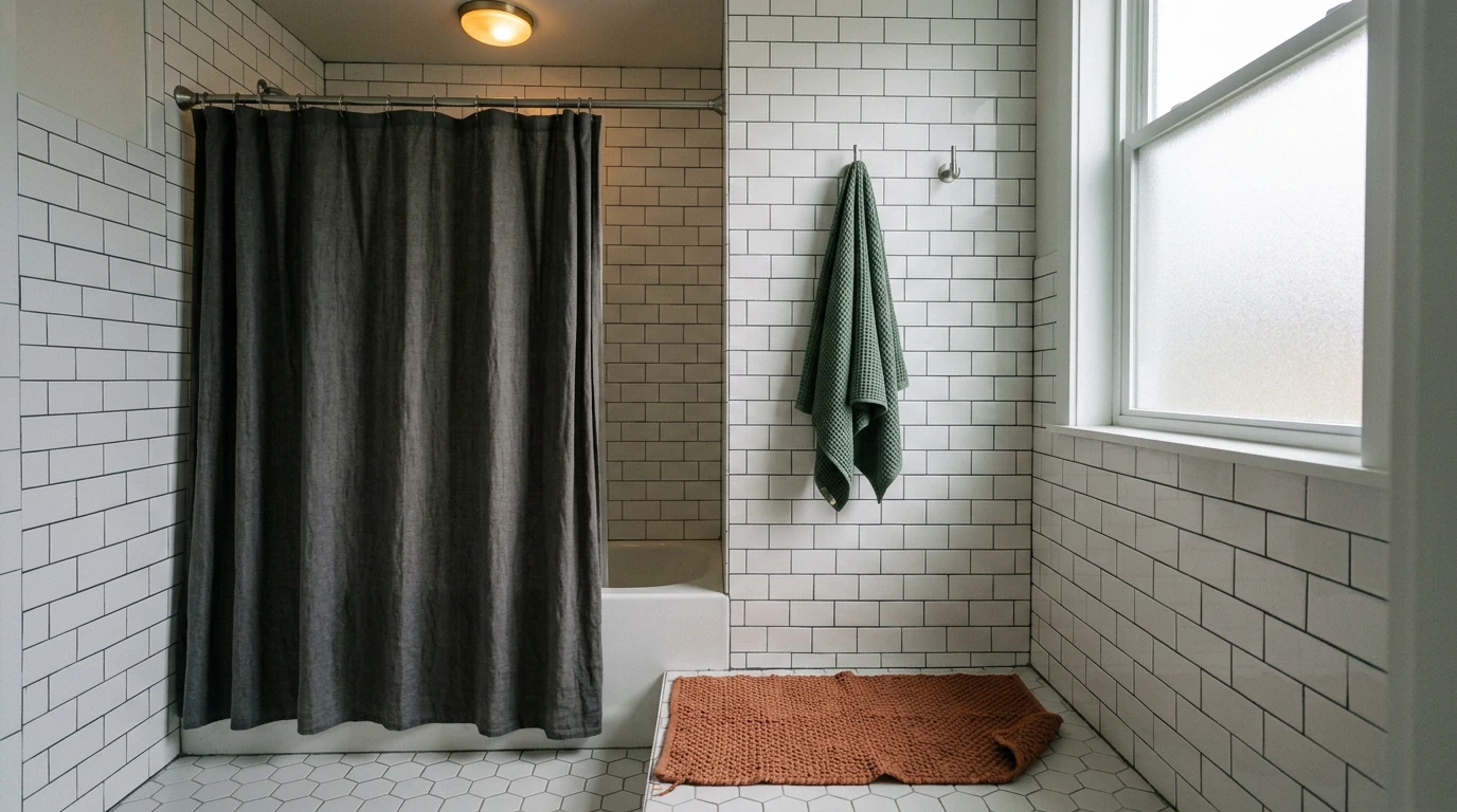 A small rental bathroom with a floor-length charcoal linen shower curtain hung 15cm above standard height, a deep sage green towel on a chrome hook, and a hand-knotted terracotta bath mat, soft warm light, matte white tile