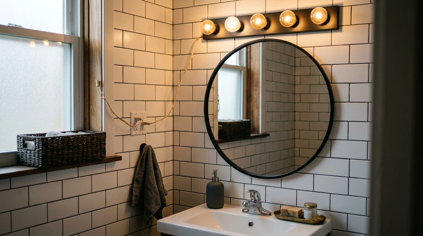 A small rental bathroom vanity with a plug-in Hollywood light strip mounted above a round mirror, warm 2700K amber glow, charcoal and brass accessories on the shelf, matte white tile walls