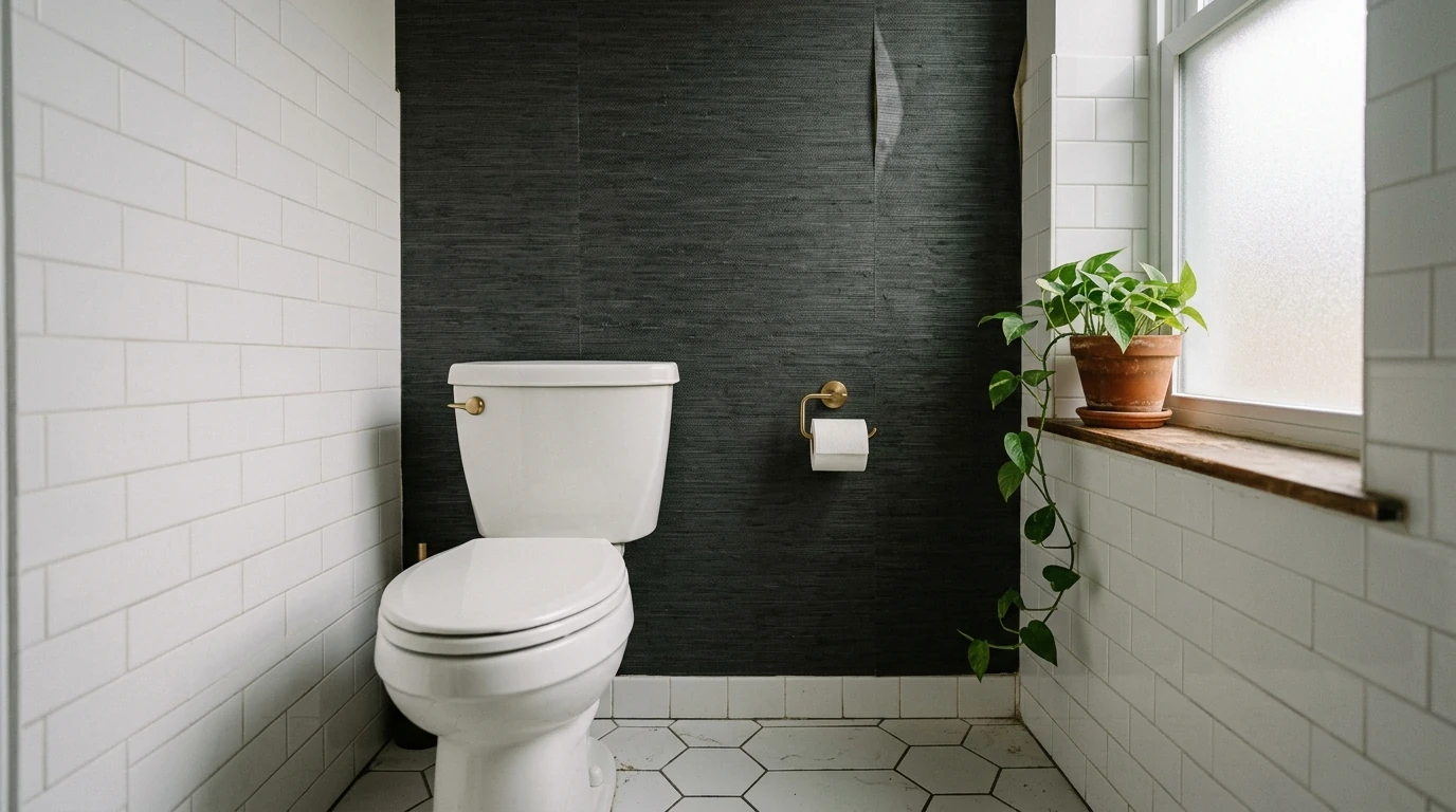 A small rental bathroom with one dark charcoal peel-and-stick grasscloth accent wall behind the toilet, clean white tile on remaining walls, brass toilet paper holder, small trailing pothos on the shelf, warm morning light