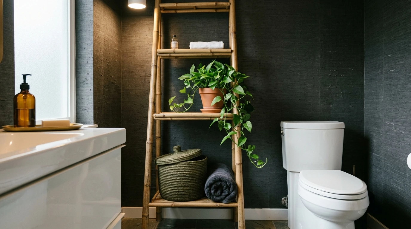 A small rental bathroom with an IKEA RÅGRUND bamboo corner shelf holding rolled dark towels and a woven basket, beside a toilet with a dark peel-and-stick accent wall behind it, clean vanity with only soap and a small plant, warm amber light