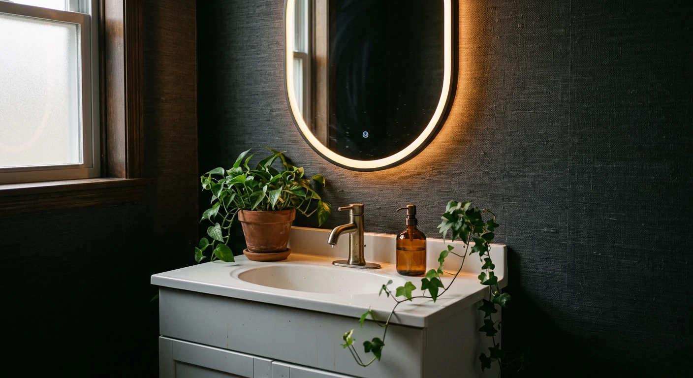 A small moody rental bathroom with a large 70cm oval mirror above a white vanity, warm integrated LED light reflecting off dark grasscloth accent wall, amber soap dispenser and trailing ivy in a terracotta pot, soft morning light from small frosted window