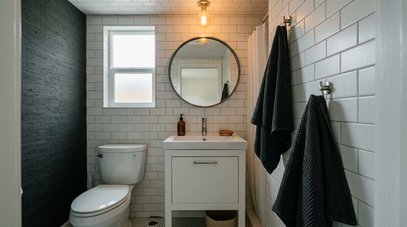 A small rental bathroom showing the right balance: white tile walls with one dark accent, a large oval mirror reflecting window light, minimal vanity with three items, two dark towels on chrome hooks, warm amber bulb overhead, no clutter