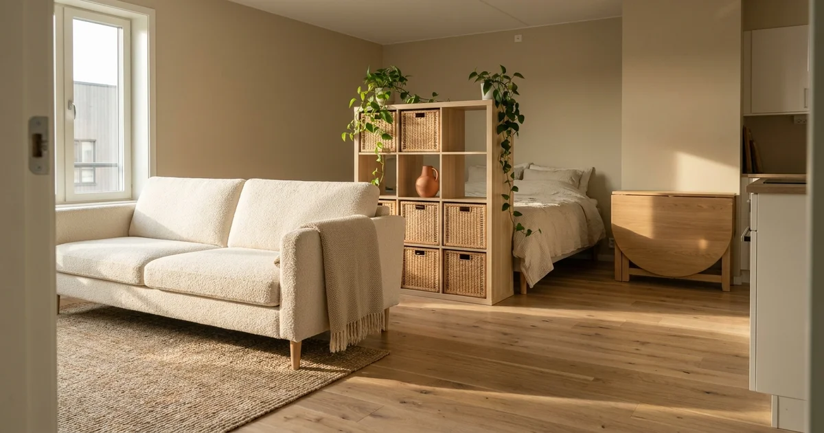 A well-zoned studio apartment floor plan view showing a cream sofa floating with its back to a queen bed, a 6x9 jute rug defining the living area, light oak IKEA KALLAX divider, warm afternoon light from large windows