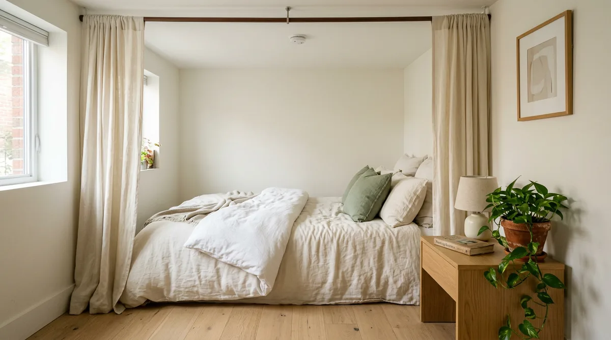 A studio apartment alcove layout showing a queen bed tucked into a recessed nook with cream linen curtains on a tension rod, light oak nightstand, warm morning light from a side window