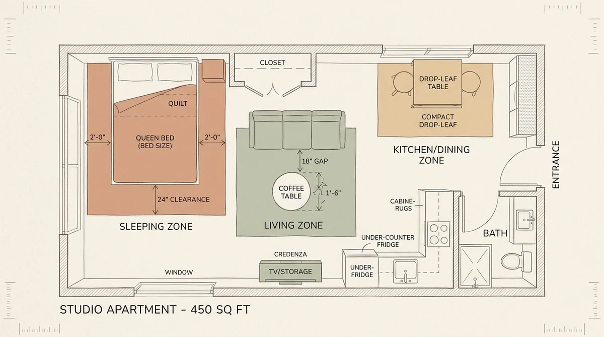 Top-down floor plan sketch illustration of a 450 sq ft studio apartment showing three zones: bed in far corner with 24in clearance markers, floating sofa with 18in coffee table gap, compact dining table against kitchen wall, measurements labeled