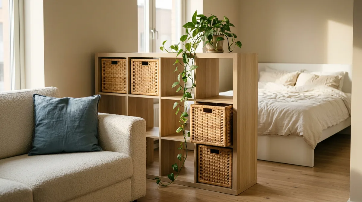 A studio apartment living zone showing a light oak IKEA KALLAX 2x4 bookcase floating as room divider between cream sofa and bed beyond, woven baskets in cubbies, trailing pothos plant on top, warm late afternoon light
