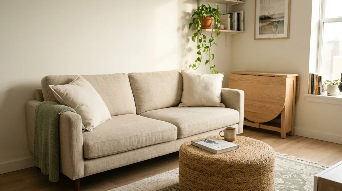 A small studio apartment living corner showing a 72-inch oat linen sofa floating with a light oak drop-leaf table folded against the wall behind it, storage ottoman as coffee table, warm morning light, Kodak Portra 400 color grading