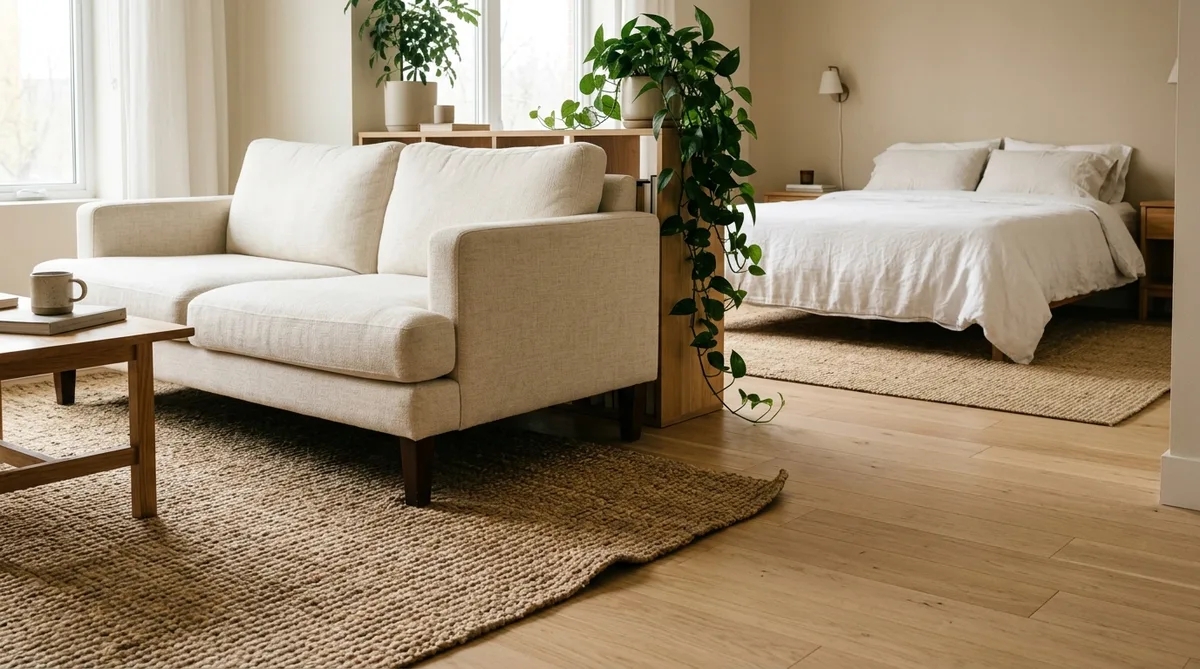 A studio apartment floor showing two distinct zones separated by two rugs: a hand-knotted jute 6x9 rug under cream sofa in foreground and a natural fiber 8x10 rug visible beneath a queen bed in the background, light oak floors, soft diffused light
